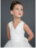 V Neck Ivory Lace Tulle V Back Ankle Length Flower Girl Dress